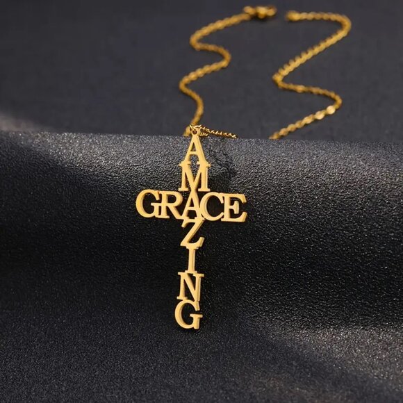 Stainless Steel Amazing Grace Cross Necklace - Gold, Christian Faith, Church - Picture 7 of 11